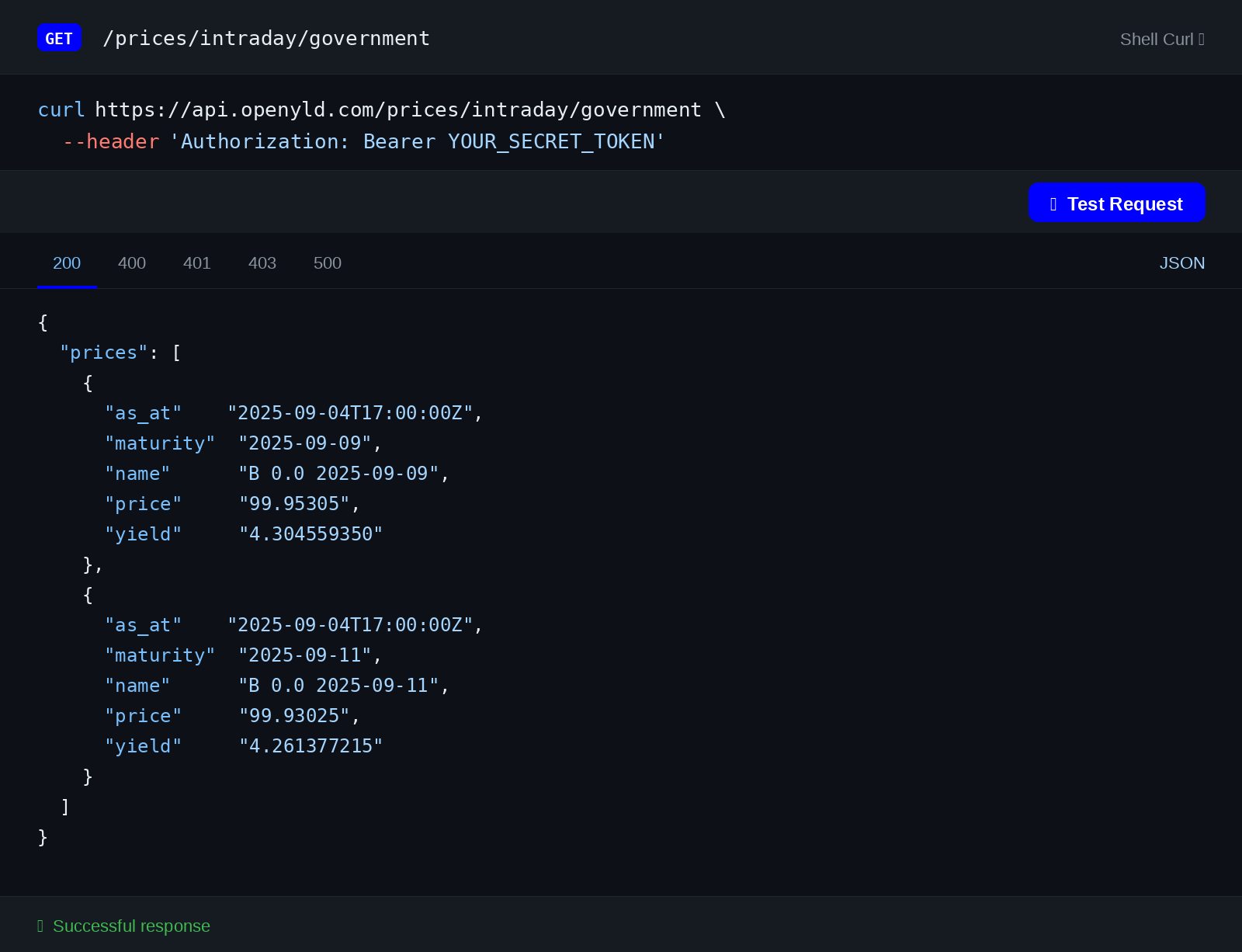 OpenYield API terminal — GET /prices/intraday/government response example